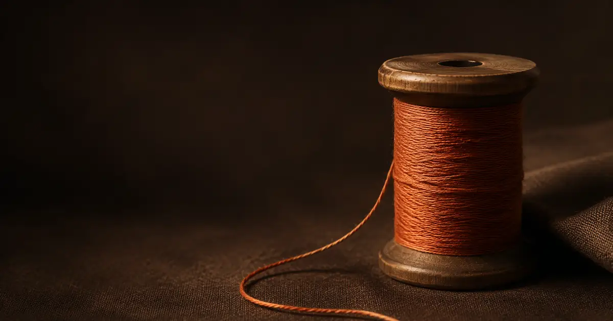Bobina de madera con hilo terracota sobre lino oscuro